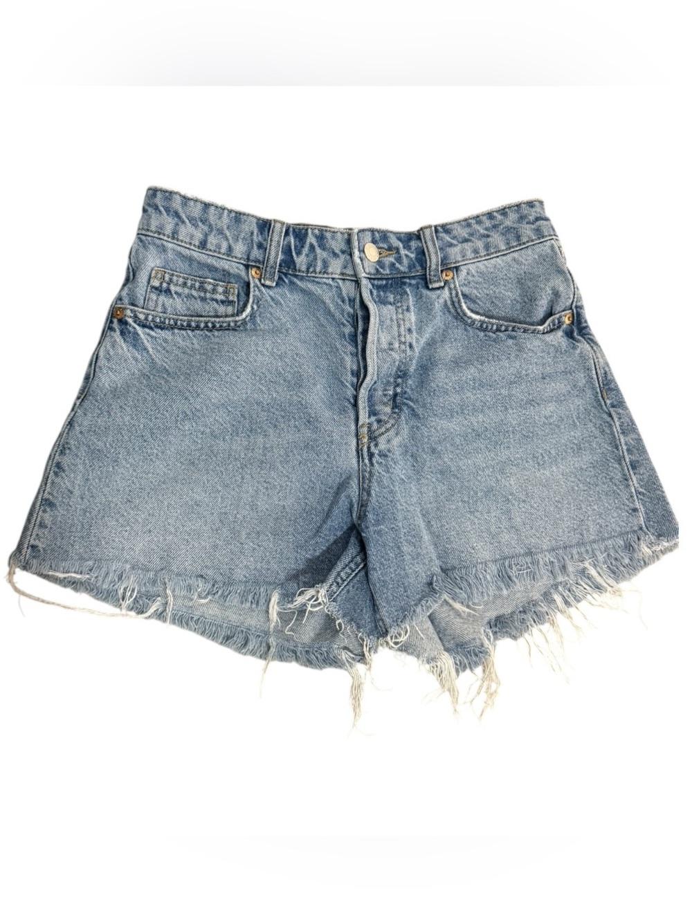 H&M High Rise Denim Shorts Womens US 4 Light Wash Button Fly Frayed Raw Hem